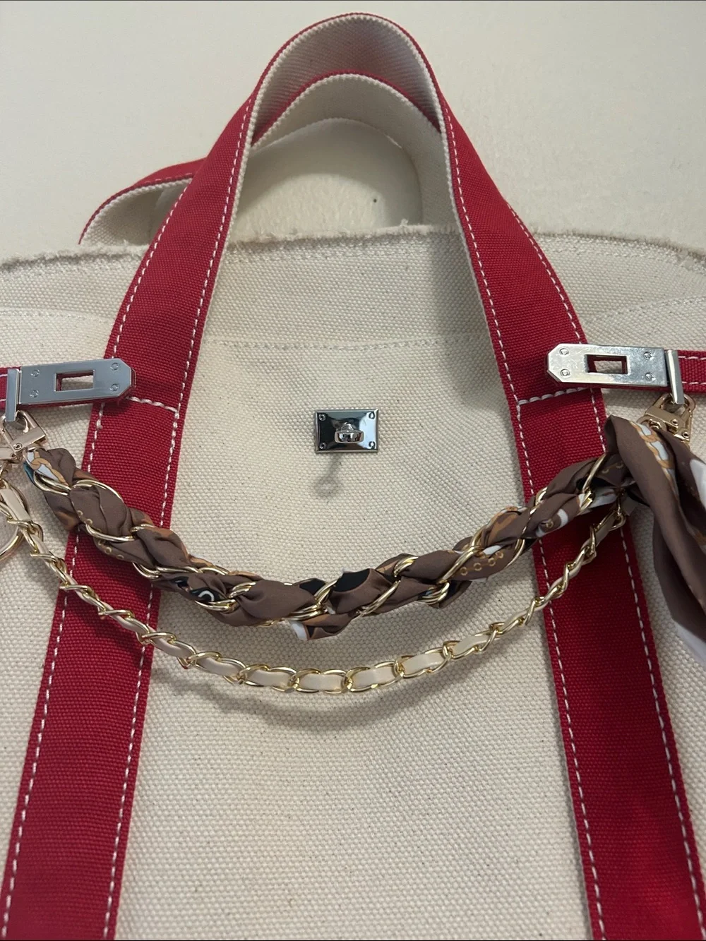 Boatkin Canvas Tote Bag with Red Trim and Tassel and chains